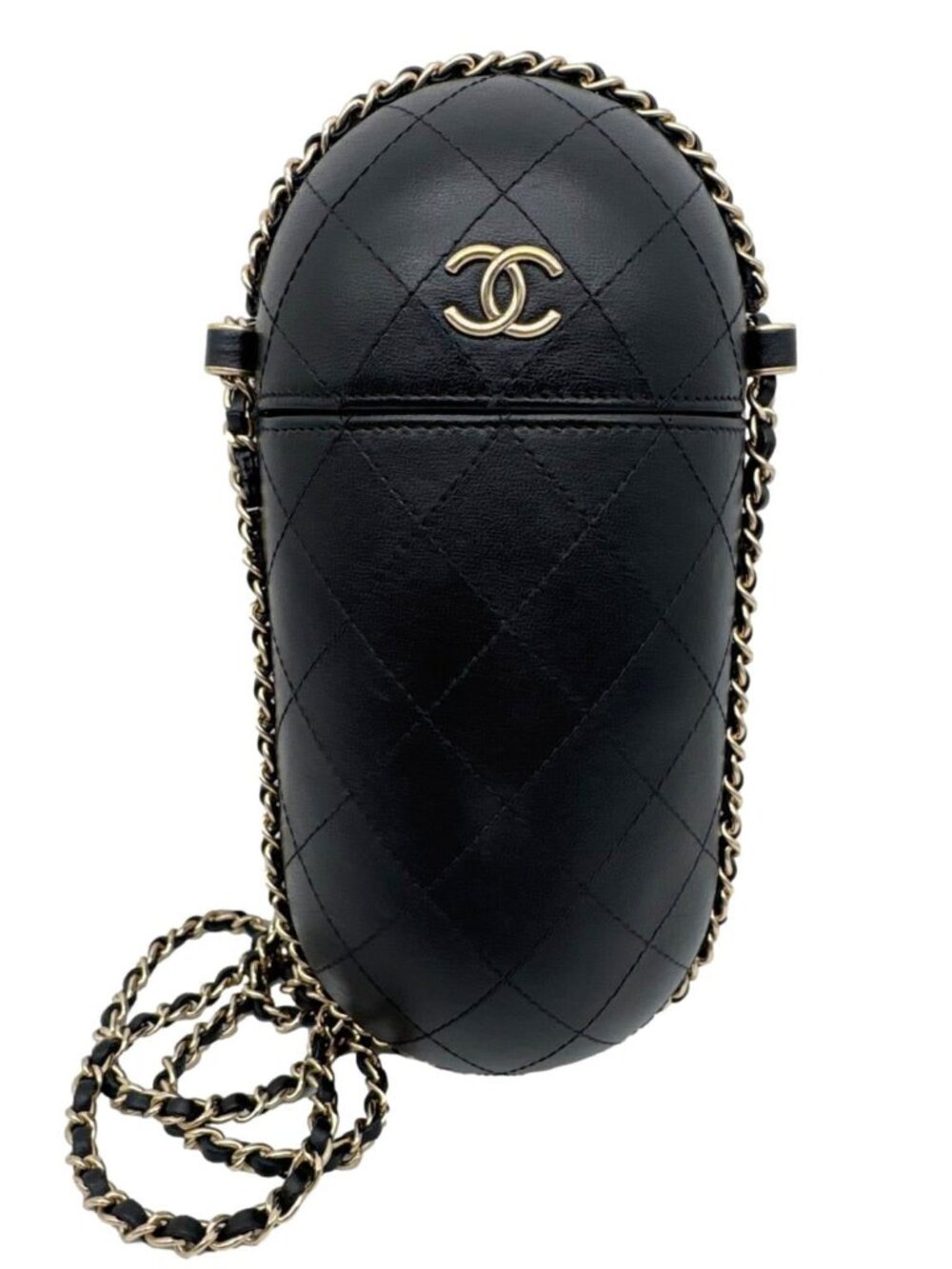 Chanel Interlocking CC Logo Quilted Lambskin Leather Chain Around Phone Holder